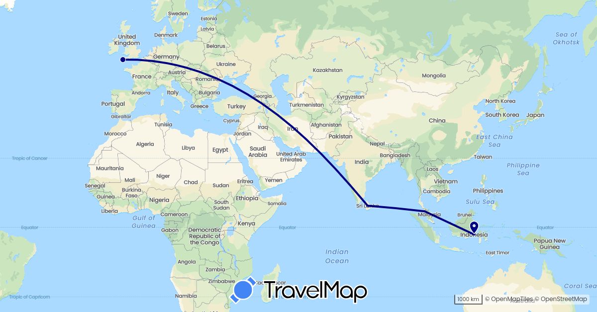 TravelMap itinerary: driving in United Kingdom, Indonesia, Sri Lanka, Malaysia (Asia, Europe)